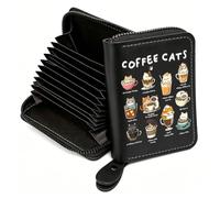 FEELMEM Coffee Cats Leather Credit Card Holder Zipper Wallet Cat Lover Barista Gift Coffee Enthusiasts Gift