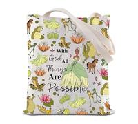 FEELMEM Princess Tiana Christian Tote Bag Fairy Tale Princess Goods With God All Things Are Possible Frog Princess Gift (Beige)