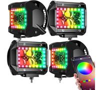 FEELON 4PCS 4" inch LED Spot Work Light Bar with Multi-Color Chasing RGB Halo 16 Solid Colors Over 92 Flashing Modes Offroad Pods Lights LED Driving Lamp Fog Lights with Switch and Wiring Harness