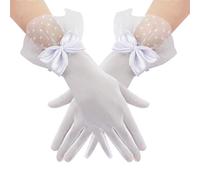 Feelorna Women's Short Lace Gloves, Mesh Lace Gloves with Bow Elegant Wrist Length Bridal Gloves, Opera Gloves for Banquet Costumes, White, One size