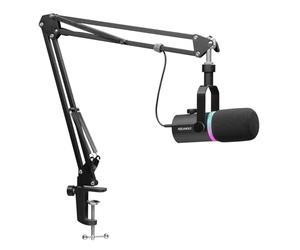 Feelworld PM1 XLR USB Dynamic Microphone with Boom Arm Stand for Podcast Recording PC Computer Gaming Live Streaming Vocal Voice-Over, Studio Metal Mic, RGB Light, Mute Button, Headphones Jack