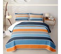 Feelyou Blue Orange Quilt Set 2 Pieces Twin Size Retro Striped Quilted Bedding for All Season Geometric Modern Kids Boys Girls Bedspread Minimalist Coverlet Set with 1 Pillowcase