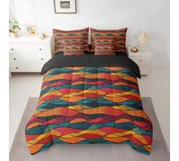 Feelyou Boho Comforter Set with Sheets 7 Piece Twin Size Bohemian Wavy Bedding Set for Kids Boys Girls Rainbow Embroidered Waves Print Bed in a Bag Room Decor Tribal Ethnic Geometric