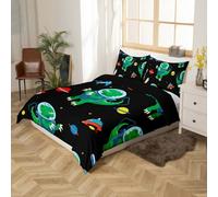 Feelyou Boys Cartoon Dinosaur Duvet Cover Queen Size Kids Cute Dino Comforter Cover Funny Dinosaur Astronaut Bedding Set Space Rocket Print Bedspread Cover Outer Space Theme Room Decor (No Comforter)