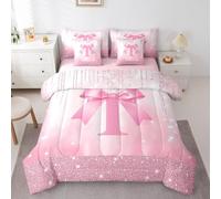 Feelyou Boys Girls Pink Bowknot 7 Pieces Bedding Set Twin Size, Personalized Initial T Comforter Set with Sheets Princess Glitter Bed in A Bag Kids Bow Monogrammed Teens Bed Set Bedroom Decor 7Pcs