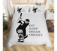 Feelyou Cricket Comforter Cover Sports Game Bedding Set for Boys Girls Children Eat Sleep Cricket Gaming Pattern Duvet Cover Gift for Cricket Lover Grey Room Decor 3Pcs Zipper Queen Size