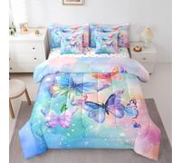 Feelyou Cute Butterfly Comforter Set with Sheets 7 Piece King Size Butterflies Print Bedding Set for Kids Boys Girls Glitter Colorful Bed in a Bag Dreamy Princess Room Decor Soft Microfiber