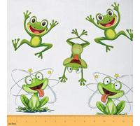 Feelyou Cute Frog Fabric by The Yard, Kawaii Decor Upholstery Fabric for Chairs,Tropical Amphibian Animal Print Decorative Waterproof Outdoor Fabric, 2 Yards, Green White