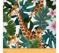 Feelyou Cute Giraffe Fabric by The Yard,Botanical Floral Tropical Palm Leaf Print Upholstery Fabric,Flower Blossom Pattern Outdoor Fabric, Natural Theme Reupholstery Fabric for Chairs, 1 Yard, Green