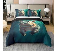 Feelyou Cute Hippo 100% Cotton Duvet Cover Full Size Kawaii Ocean Animal Bedding Set Kids Boys Girls Ocean Marine Sea Creatures Theme Comforter Cover Set Underwater World Bedspread Cover（No Comforter