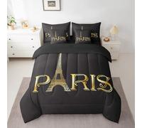Feelyou Eiffel Tower Bed in a Bag Chic Paris Comforter Set King Size 7 Pieces for Boys Girls Luxury Black Golden Paris Cityscape Printed Bedding Set Room Decor King Bed Set with Sheets Boys
