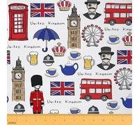 Feelyou England Big Ben Fabric by The Yard, British Soldier London Telephone Booth Upholstery Fabric for Chairs Sofa Couch, Retro UK Theme Outdoor Fabric Waterproof, 1 Yard, Blue Red