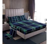 Feelyou Farmhouse Buffalo Plaid Bed Sheets Set King Size Green and Blue Checkered Deep Pocket Fitted Sheet Rustic Geometric Bedding Sets Classic Retro Boho Soft Bed Set 4Pcs with 2 Pillow Cases