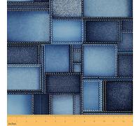 Feelyou Geometric Outdoor Fabric by The Yard, Abstract Denim Art Upholstery Fabric for Chairs, Vintage Blue Rectangle Decorative Fabric for Home DIY Projects, 1 Yard, Blue