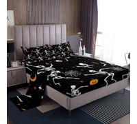 Feelyou Halloween Gothic Bed Sheets Set Full Size Goth Sugar Skull Bedding for Kids Teens Dancing Skeleton Bones Horror Cobweb Sheet with 16 Inch Deep Pockets Room Decor with 2 Pillow Case Soft 4Pcs
