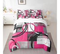 Feelyou Hot Pink Grey White Abstract 7 Pieces Bedding Set Twin Size Geometric Circle Buffalo Check Bed Set Includes Comforter, Sheet Set, Pillowcases Room Decorative Stripes Bed in a Bag Modern Art