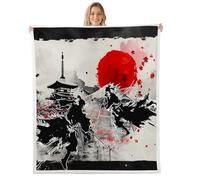 Feelyou Japanese Samurai Sherpa Blanket Queen 90"x90" Sunset Fleece Throw Blanket for Bed Sofa Couch Kids Women Men Ultra Soft Buildings Plush Blanket Japan Themed Fuzzy Blanket Fallen Leaves