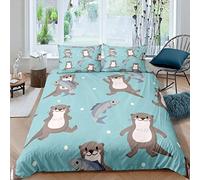 Feelyou Kids Bedding Set for Girls Boys Children Cute Otter Comforter Cover Cartoon Wild Animal Fish Duvet Cover Lovely Wildlife Style Room Decor Bedspread Cover Queen Size Bedding Collection 3Pcs