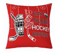 Feelyou Kids Ice Hockey Throw Pillow Cover 20"x20" 1 Pcs Eat Sleep Hockey Pillow Case Cushion Cover for Boys Girls Winter Sports Hobby Red Decorative Throw Pillowcase for Sofa Women Men Cushion Case
