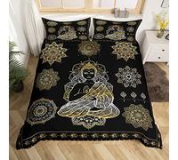 Feelyou Mandala Buddha Duvet Cover Set King Size Exotic Ethnic Bohemian Bedding Set Golden Black Lotus Flowers Print Gorgeous Microfiber Polyester Comforter Cover with 2 Pillow Shams, Zipper,3 Pieces