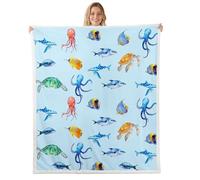 Feelyou Ocean Creatures Throw Blanket Octopus Shark Pattern Soft Fleece Sherpa Cozy Fuzzy Plush Warm Sea Turtle Fuzzy Plush Throw Tropical Fish Queen 90"x90" Sea Creatures for Bed Couch Living Room