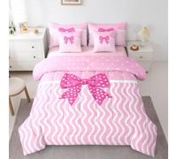 Feelyou Pink Bow Comforter Set with Sheets 7 Piece Twin Size Cute Love Heart Pattern Bed in a Bag Kids Boys Girls Polka Dot Bedding Set Geometric Wave Lines Bedroom Decor Soft Lightweight Microfiber