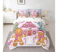 Feelyou Pink Merry Christmas Comforter Set Full 7 Pieces Xmas Tree Gingerbread Man Bedding Set Candy Cane House Winter Happy New Year Bed in a Bag with Comforter, Sheets, Pillowcases & Cushion Cover