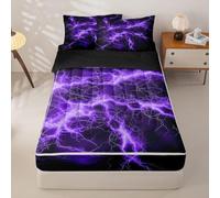 Feelyou Purple Black Zipper Bedding for Kids Lightning Twin Comforter Set with Fitted Sheet 2 Pillowcases Geometric Bed in a Bag Modern Abstract Art Soft Lightweight Microfiber Luxury