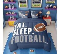 Feelyou Rugby Comforter Set 7 Piece American Football Sports Bedding Queen Comforter Set for Boys Girls Women Men Blue Eat Sleep Football Bedding Set Ball Games Room Decor Bed in a Bag