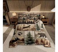 Feelyou Rustic Bear Comforter Set Full Size, Farmhouse Bedding, Black Bear Deer Elk Moose Forest Animal Wildlife Hunting Country Brown Patchwork Nordic Style Lodge Quilt, 2 Pillow Shams