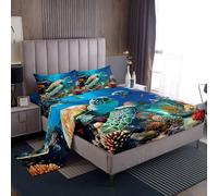 Feelyou Sea Turtle Bed Sheets Set Queen, Ocean Sheet Set for Kids Coastal Sheets with Deep Pocket Fitted Sheet Reptile Tortoise Bedding Set Microfiber Soft Bed Set