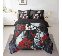 Feelyou Skull Comforter Set with Sheets Kissing Lovers Skeleton 7 Piece Bedding Set Full Size for Kids Boys Girls Sugar Skull Bed in a Bag Soft Red Rose Floral Bedding Comforters
