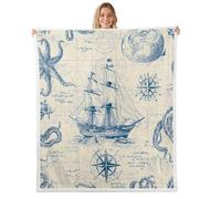 Feelyou Vintage Nautical Fleece Throw Blanket Old Sailboat Anchor Plush Blanket Marine Ocean Themed Fuzzy Blanket and Throws Sea Shell Starfish Fluffy Sherpa Blanket Throw 90"x90"
