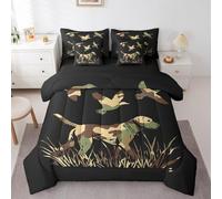 Feelyou Wild Duck Hunting 7 Piece Bedding Set Queen Size for Boys Teens Kids Black Dog Hunter Comforter Set with Sheets Hunter Green Army Camouflage Farmhouse Theme Bed in a Bag Home Decor