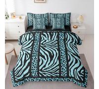 Feelyou Zebra Leopard Print Comforter Set Queen Size 7 Pieces Blue Black Leopard Bedding Set Kids Boys Girls Animal Print Bed in a Bag with Comforter, Sheets, Pillowcases, Cushion Covers Bedroom Decor