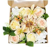 Feeshoppher Artificial Flower Box Set with Lifelike Silk Roses and Lilies, Elegant Presentation Box for Wedding Centerpieces, Home Decor, Party, Office, Festival, 26.5x26x6cm, Champa(Sparkling Pink)