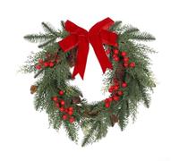 Feeshoppher Christmas Wreath Artificial Christmas Holiday Door Decoration Wreath Winter Decorative Hanging Garland with Red Berry Picks Large Bow for Holiday Home Decor 45x40cm(Wreath without Light)