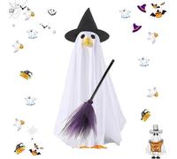 Feeshoppher Halloween Specter Goose Costume Set with Witch Hat and Purple Broom, White Polyester Outfit for 23 Inch Porch Geese, Adorable Yard Garden Decoration for Outdoor Lawn Disp
