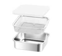Feeshoppher Stainless Steel Baking Tray Set with Filter Basket and Lid 3 Piece Mirror Finish Oven and Kitchen Cookware for Frying Straining Roasting and Food Storage in Refrigerator(19x19x5.6cm)