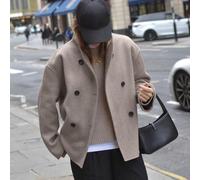 Feeshoppher Women's Double-Breasted Woolen Coat with Stand-Up Collar, Short Casual Jacket for Autumn Winter, Regular Fit Long Sleeve Outerwear in Solid Color(M Khaki)