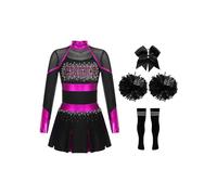 FEESHOW 4 Pcs Girls Cheer Leader Costume Long Sleeve Fancy Dress for Kids Halloween Cheerleading Outfits Set Hot Pink&Black 13-14 Years