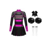 FEESHOW 4 Pcs Girls Cheer Leader Costume Long Sleeve Fancy Dress for Kids Halloween Cheerleading Outfits Set Hot Pink&White 9-10 Years