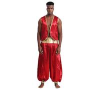 FEESHOW Arabian Prince Costume for Men Adult Persian Cosplay Outfits Stain Waistcoat with Harem Pants Burgundy&Burgundy XL