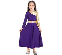 FEESHOW Child Girls Solid Color Fit Full Length Ruffle Long Sleeve Long Dress Lyrical Dance Chruch Worship Dance Dress Purple 11-12 Years