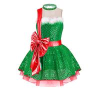 FEESHOW Children Girls Christmas Party Dress Sequin Bowknot Dance Dress Mrs Santa Princess Fancy Dress Up Green 9-10 Years