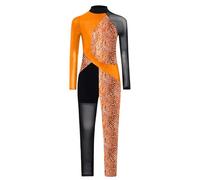 FEESHOW Color Block Long Sleeve Unitard for Girls Athletic Dance Gymnastics Leotard Metallic Printed Ballet Full Bodysuit Orange 11-12 Years