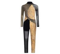 FEESHOW Color Block Long Sleeve Unitard for Girls Athletic Dance Gymnastics Leotard Metallic Printed Ballet Full Bodysuit Yellow 11-12 Years