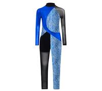FEESHOW Color Block Long Sleeve Unitard for Girls Athletic Dance Gymnastics Leotard Metallic Printed Ballet Full Bodysuit Blue 13-14 Years