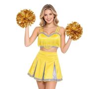 FEESHOW Crop Top with Pleated Skirt Flower Balls for Women | Training and Performing Costume,Crop Top with Miniskirt Pom Poms Set,Dance Competition Cheer Uniform,Glitter Sequin Trim