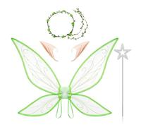 FEESHOW Fairy Wings for Women, Halloween Butterfly Angel Wing with Elf Ears Garland Wand Cosplay Accessories Green One Size